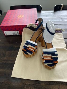 Tory Burch Navy, White & Orange Fringe Wooden Platform Heels